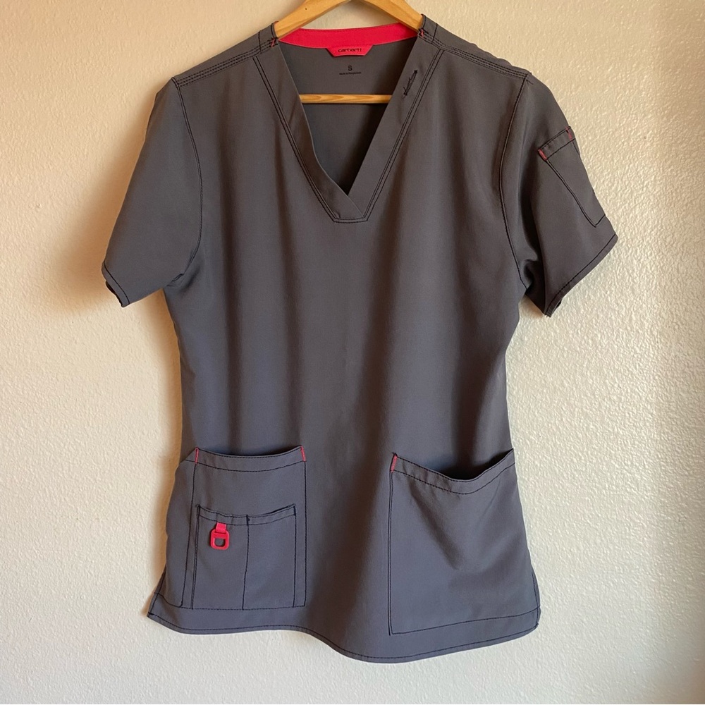 Women's Carhartt Force Cross-Flex V-Neck Scrub Top gray pink Size Small